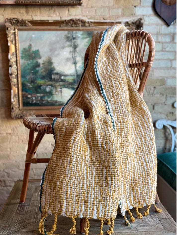 Chunky Woven Ochre Teal Throw